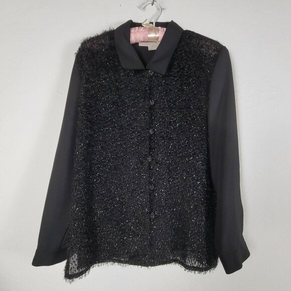 Vintage Brenda Goode Black Fringe Textured Button-Up Shirt Small Long Sleeve - Picture 1 of 8